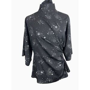 Topshop Woman 8 Black White Star Print Origami Tucked Blouse 3/4 Kimono Sleeves